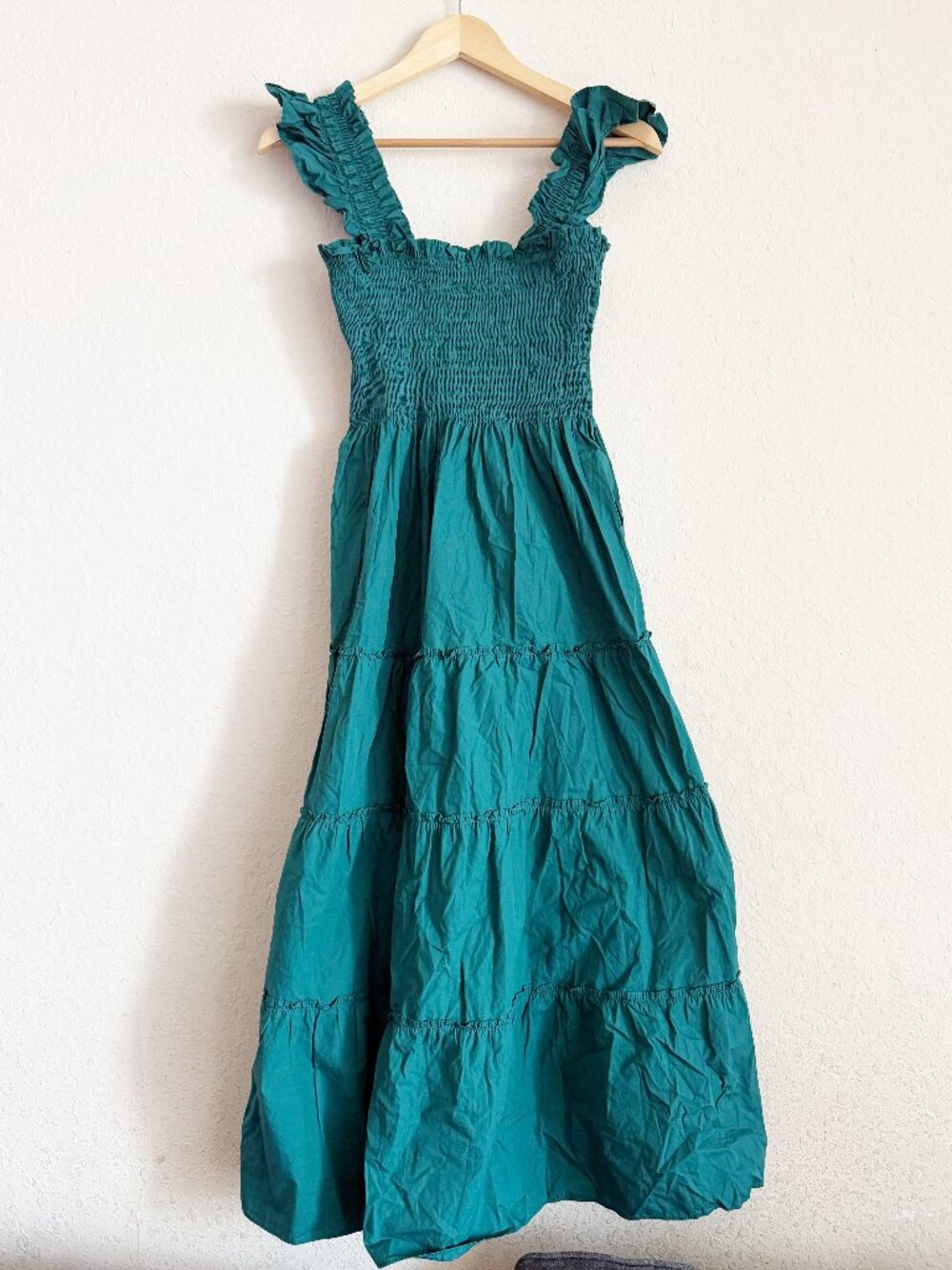 Quince Teal Organic Cotton Poplin Smocked Ruffle Tiered Midi Dress M - Picture 2 of 6
